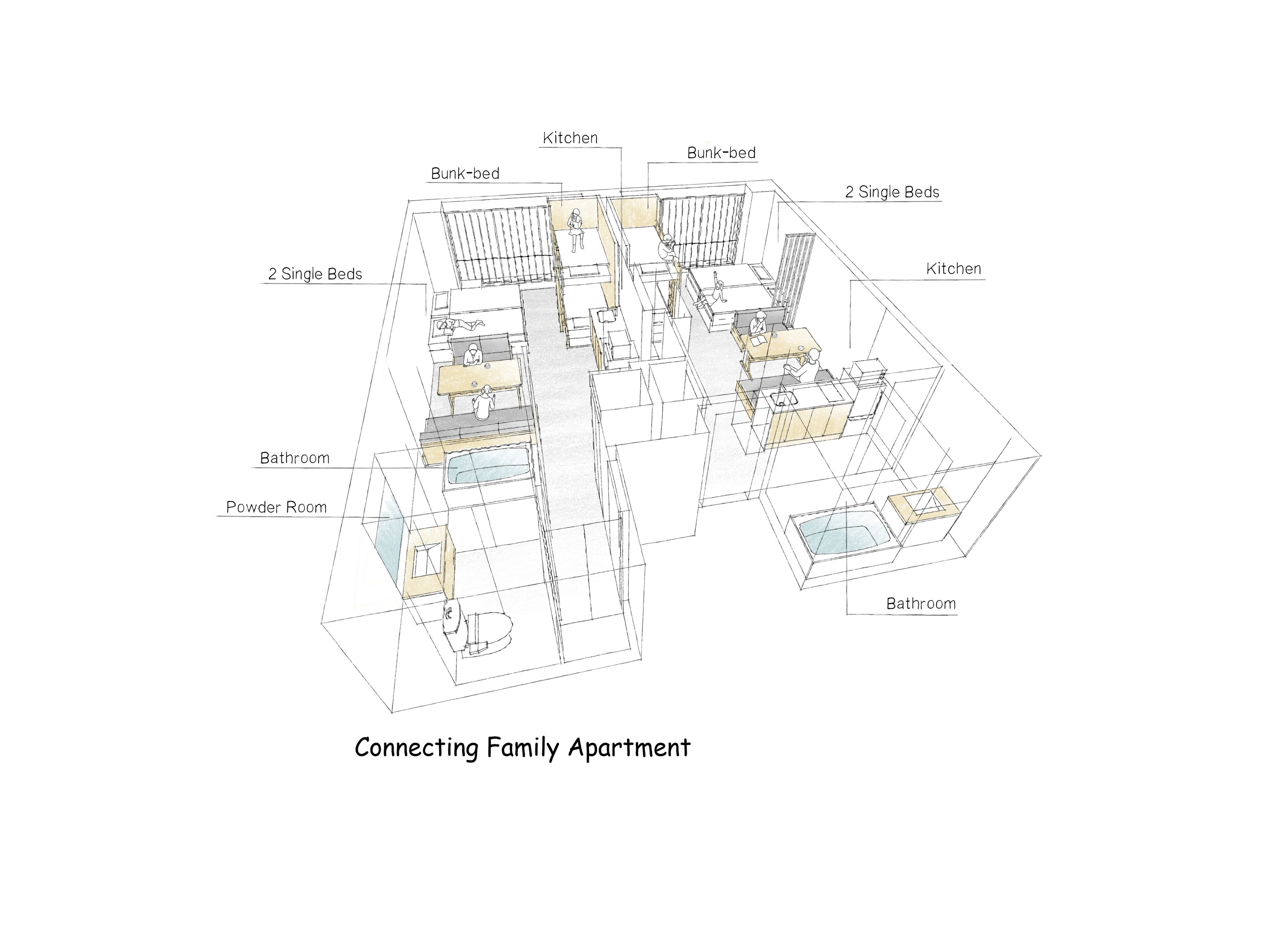 A 3D architectural rendering of a family apartment with two single beds, a kitchen, a bathroom, and a powder room.