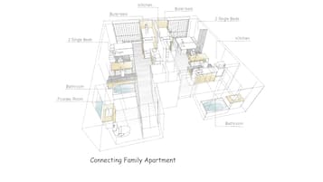 A 3D architectural rendering of a family apartment with two single beds, a kitchen, a bathroom, and a powder room.