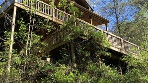 A wooden cabin with a balcony, surrounded by dense forest.