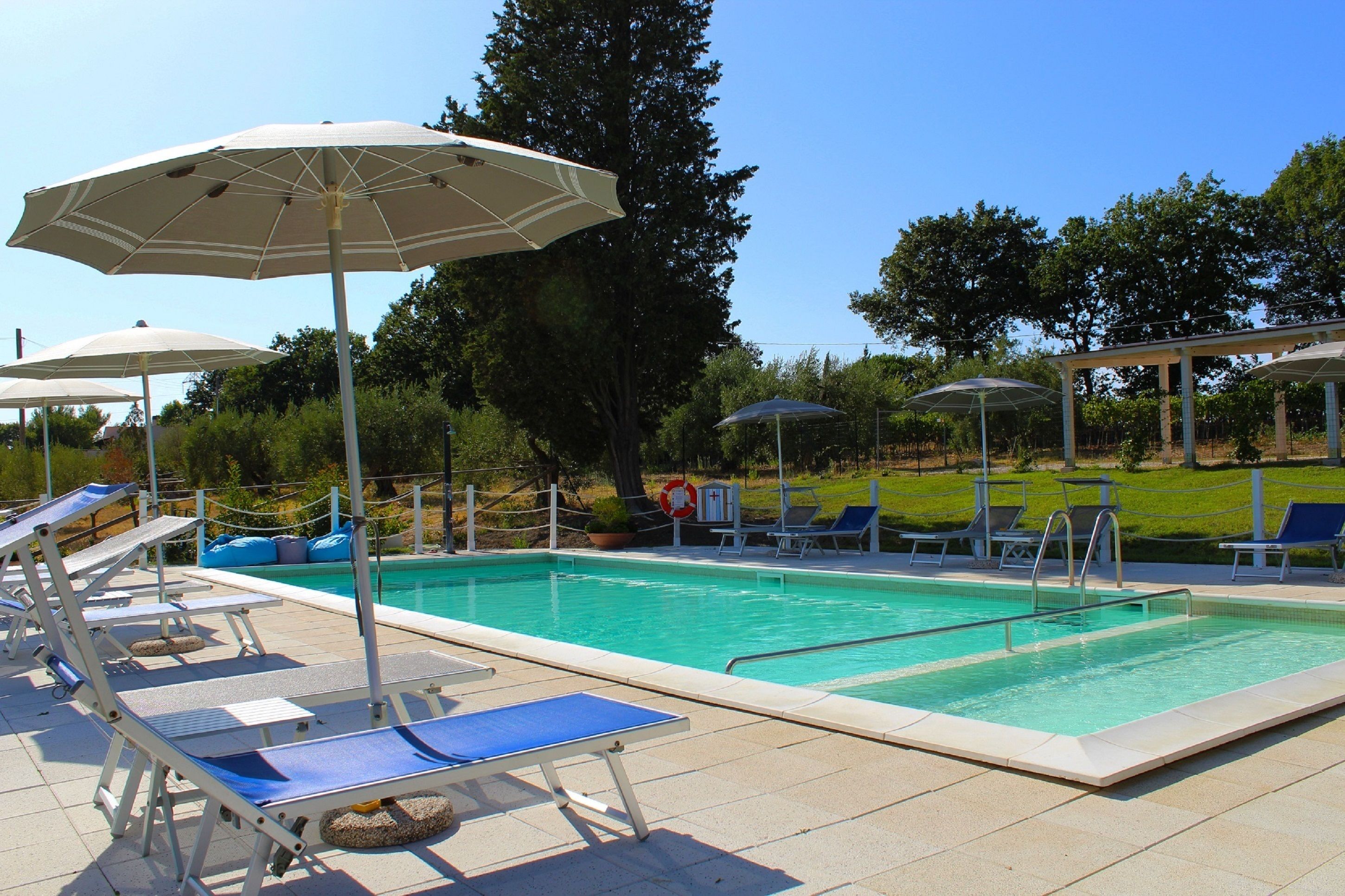 Ein Pool mit Liegestühlen und Sonnenschirmen, umgeben von Bäumen und einer Rasenfläche.