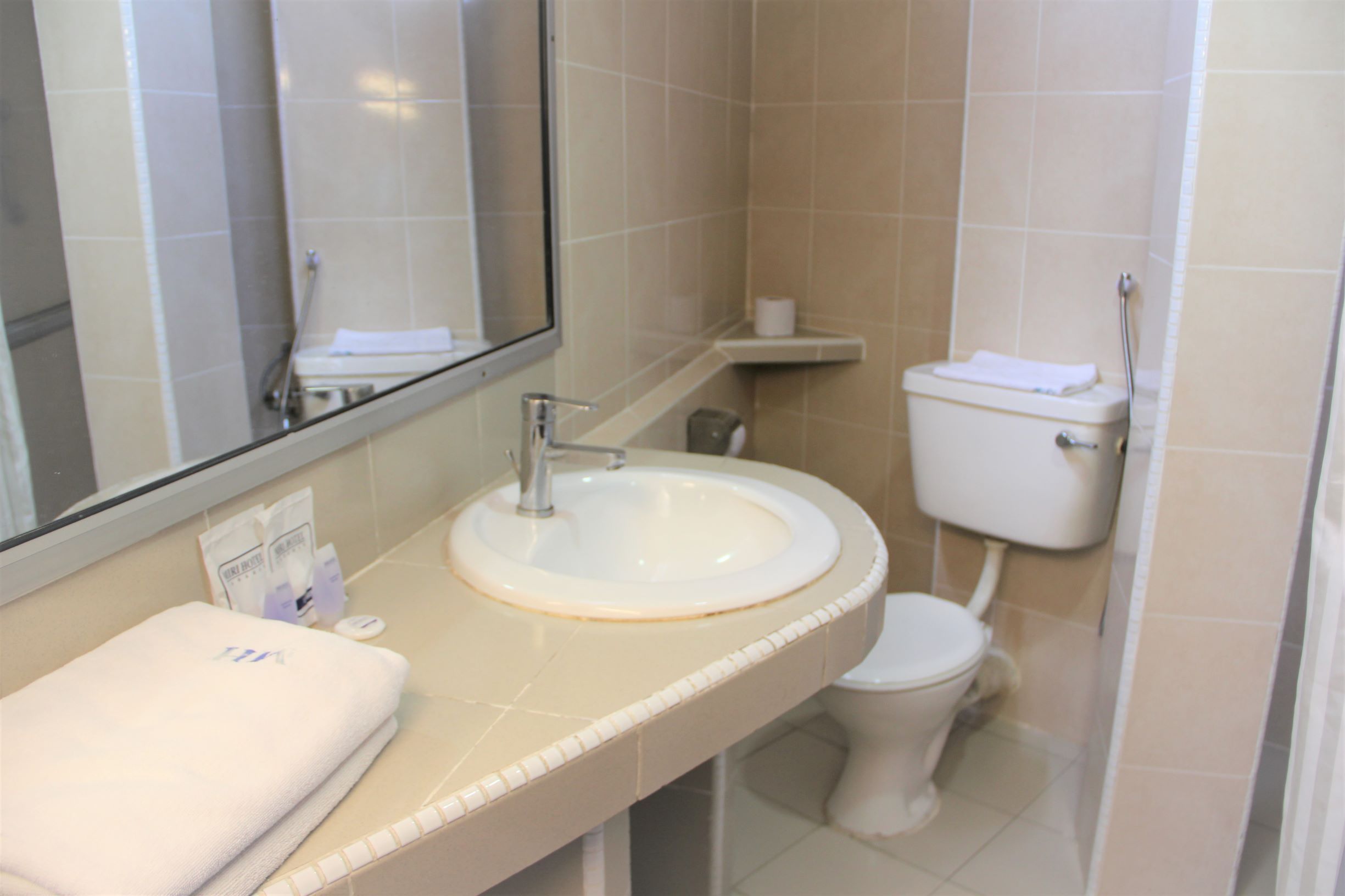A bathroom with a sink, mirror, toilet, and a towel on the counter.