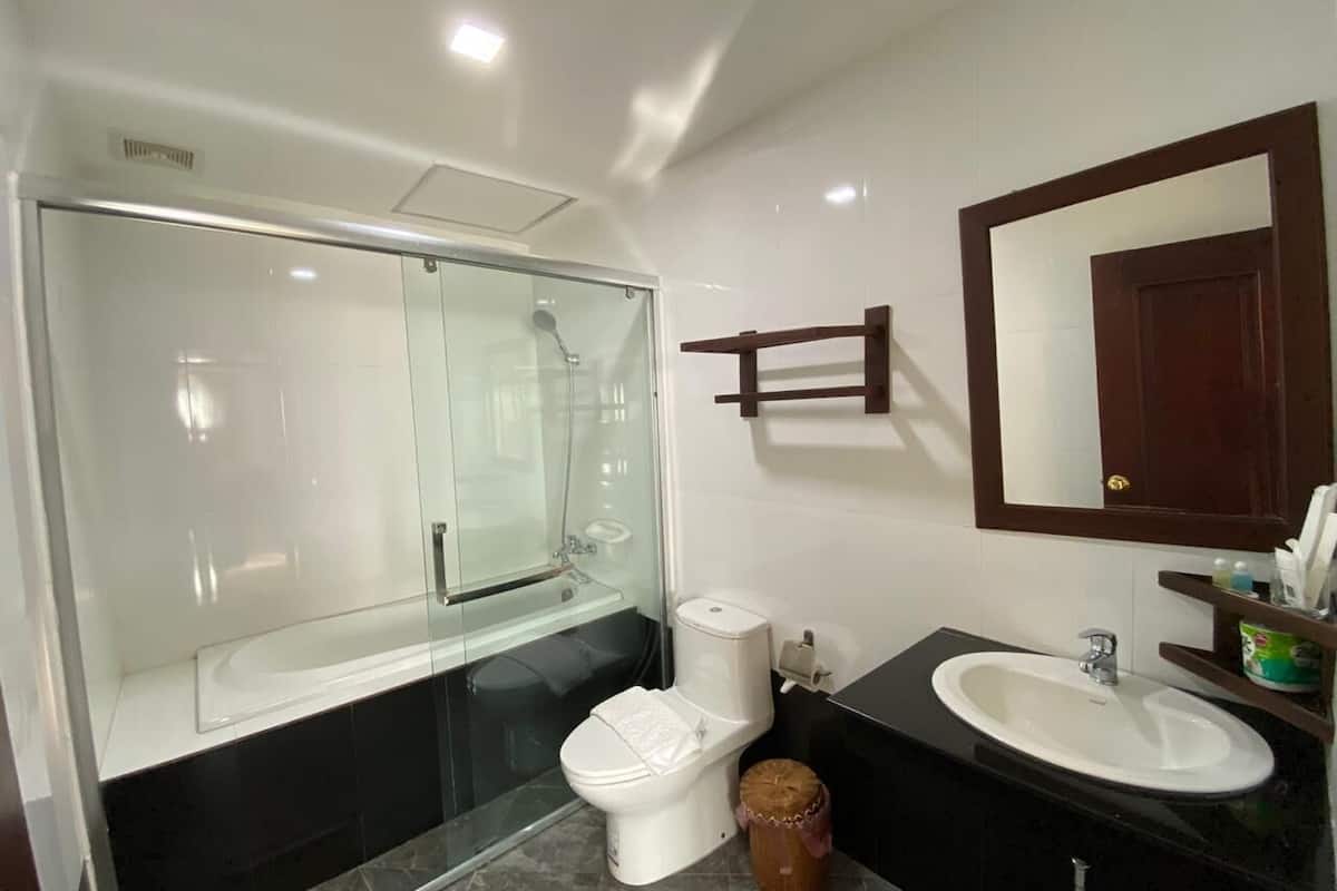 deluxe double room | bathroom | shower, rainfall showerhead, free toiletries, hair dryer