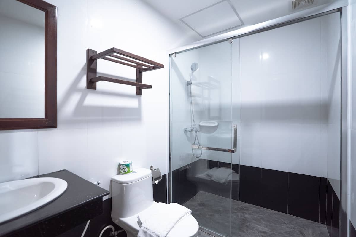 shower, rainfall showerhead, free toiletries, hair dryer