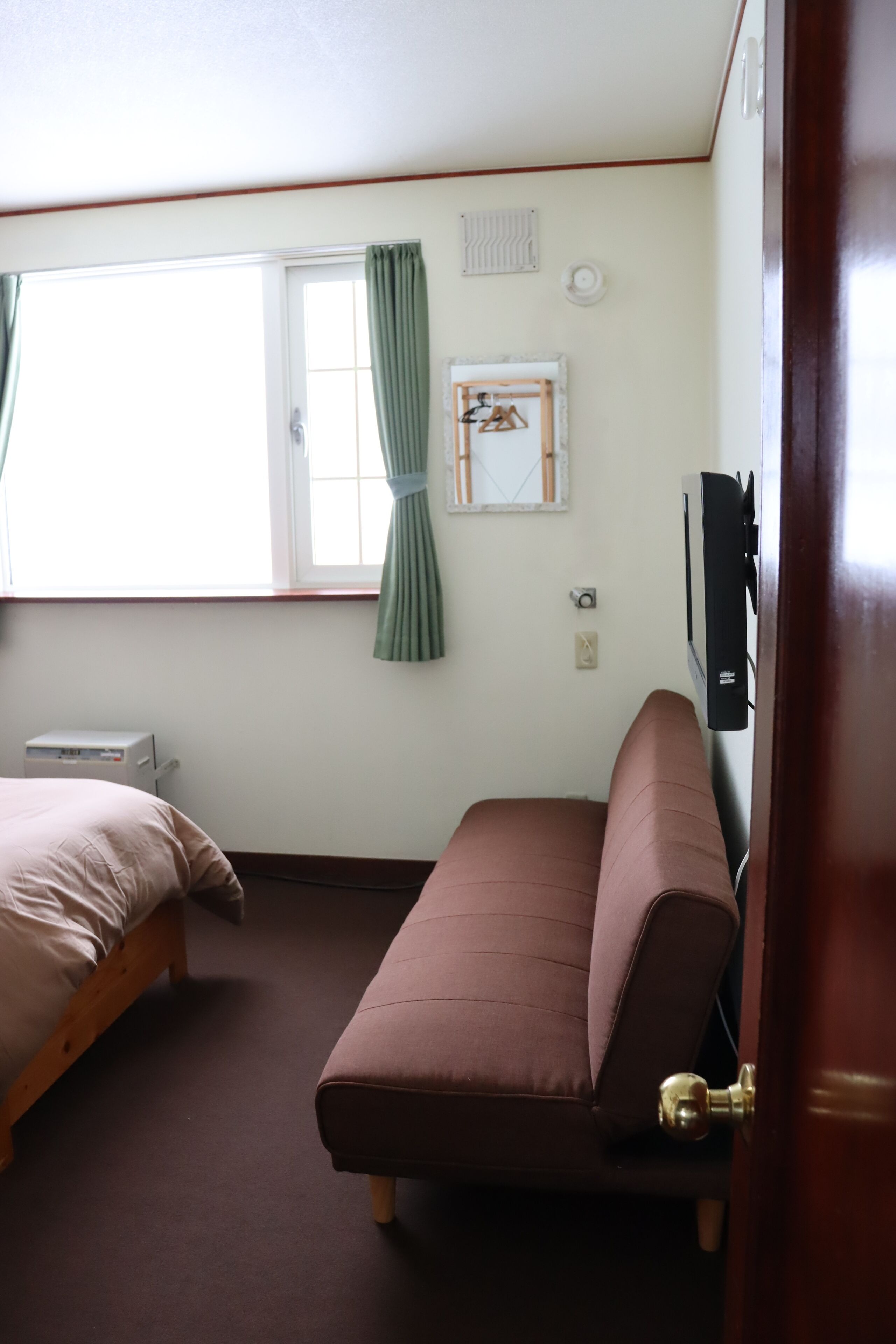 A room with a bed, a sofa, a window with curtains, a wall-mounted heater, and a television.