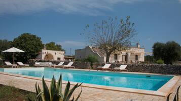 Seasonal outdoor pool, pool umbrellas, pool loungers