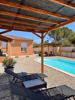 Seasonal outdoor pool, open 9:00 AM to 8:00 PM, pool umbrellas