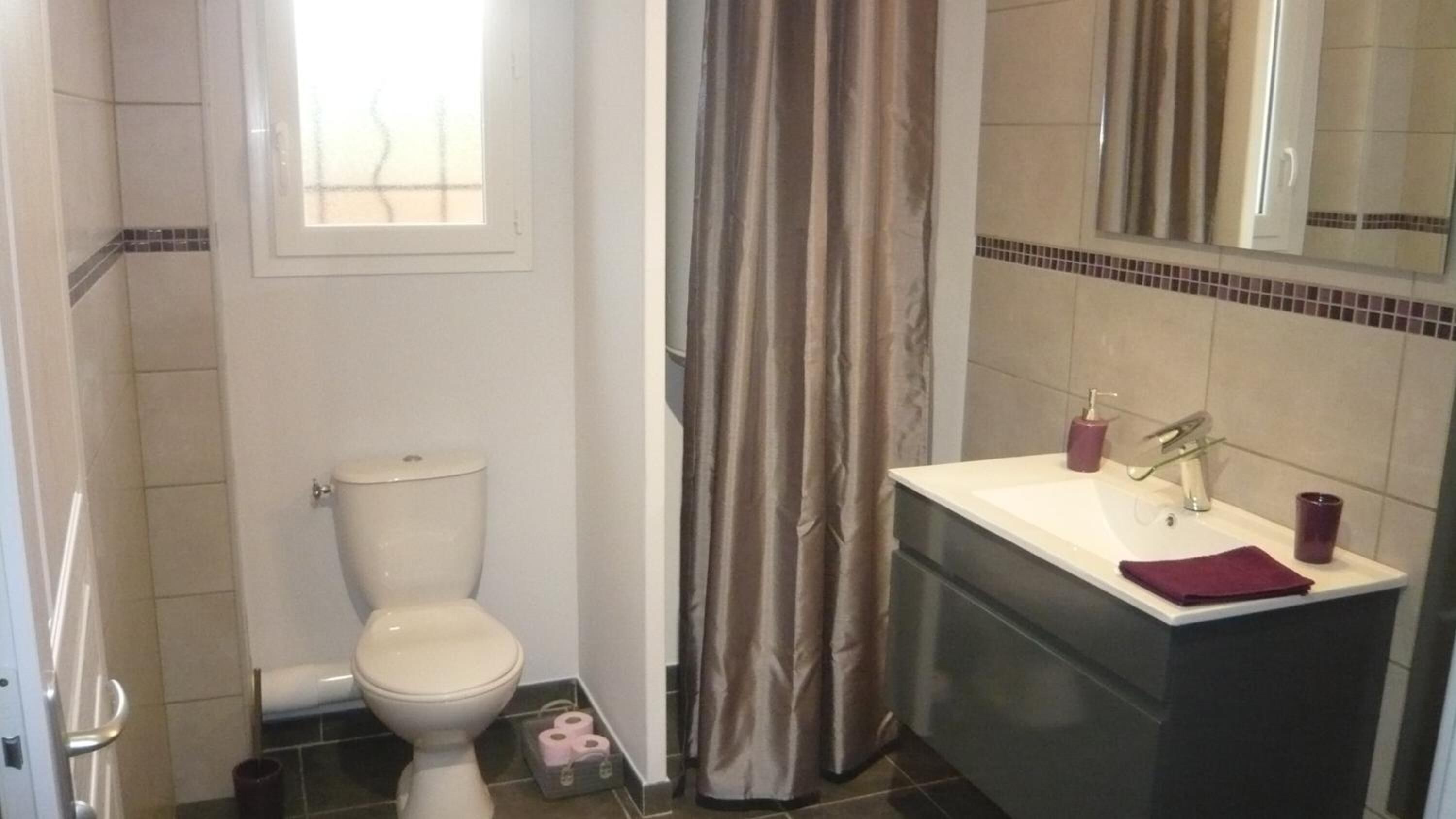Een badkamer met toilet, wastafel met spiegel en douchegordijn.