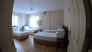 Quarto de hotel moderno com uma cama grande, uma cama menor, uma escrivaninha e um vaso de plantas.