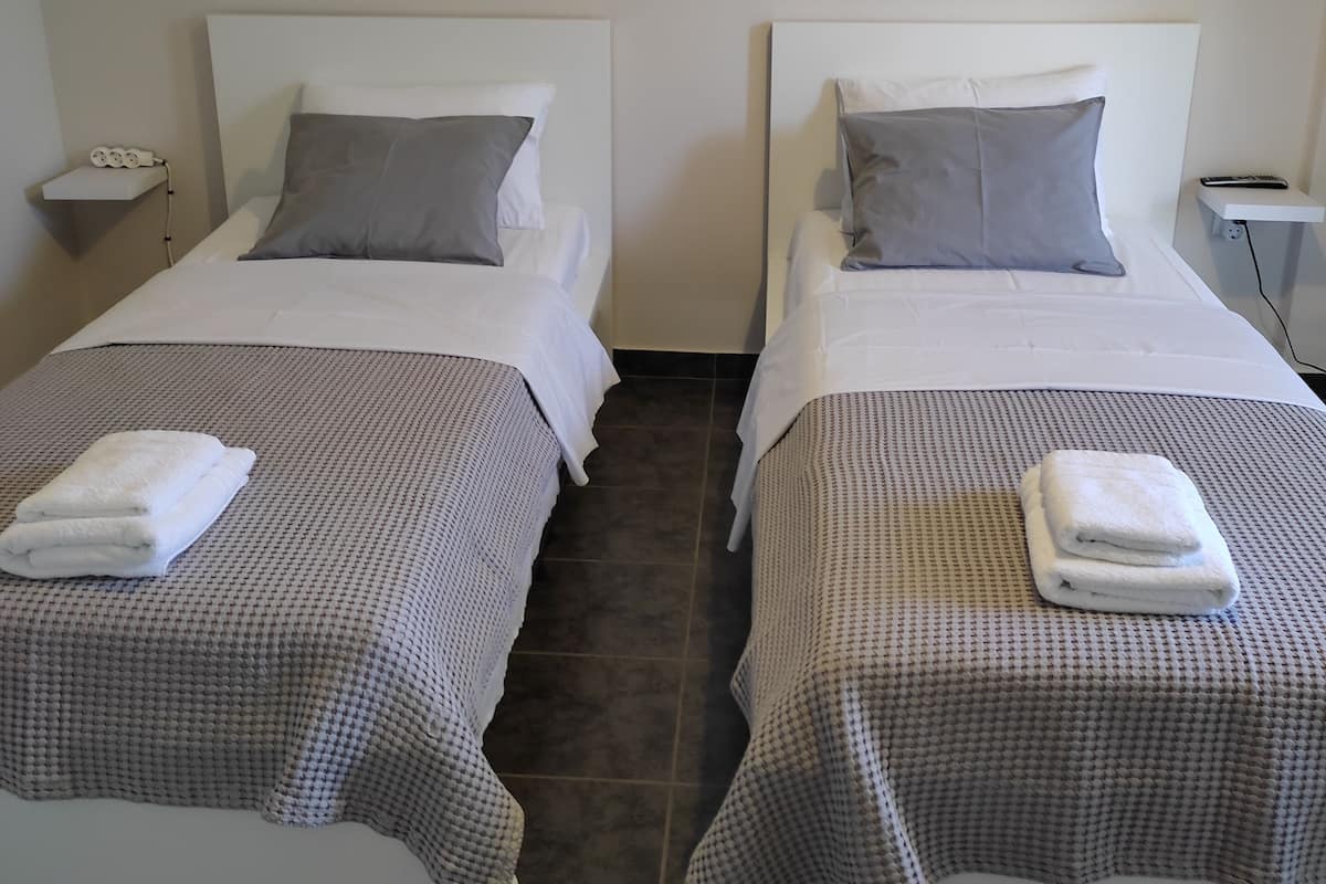 Two single beds with white headboards and grey bedding, each with a folded white towel at the foot.