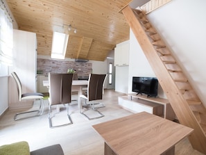 Standard Apartment, Ensuite, Mountain View (Apartma 1 in 2) | Living room | Flat-screen TV - House Dormica (Bovec)