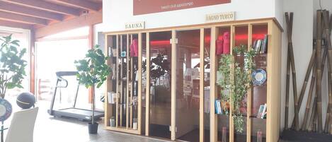 A wellness center with a sign reading 'no stress' and a sauna section.
