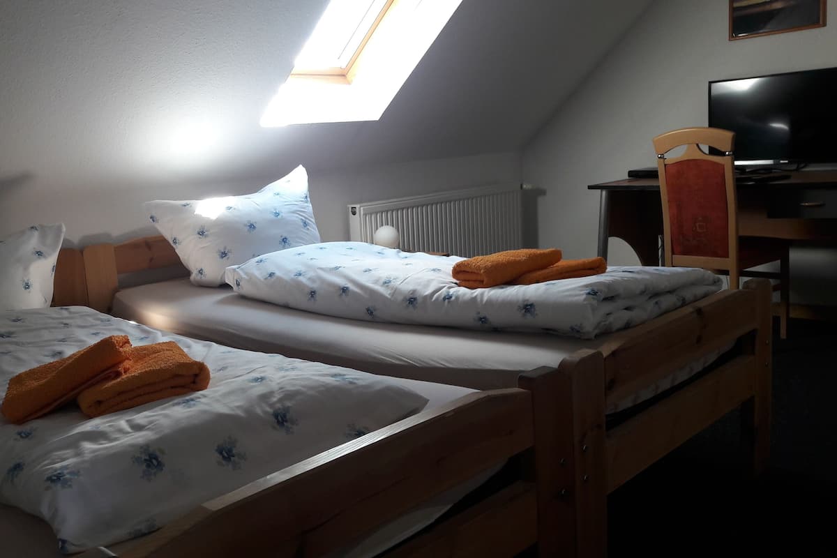 A bedroom with two wooden beds, white bedding with blue floral patterns, and a skylight above.