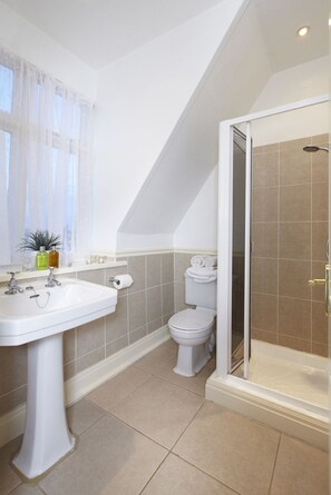 A bathroom with a pedestal sink, toilet, and a walk-in shower.