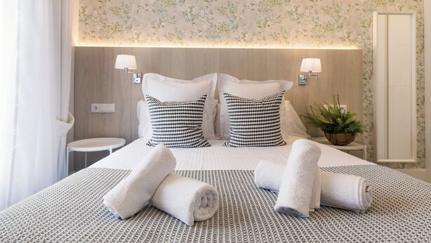 A neatly made bed with patterned bedding, two decorative pillows, a bedside table with a lamp, and a potted plant. - Feelathome San Marcos Apartments (Madrid)