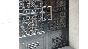 Una puerta de metal negro con diseños intrincados y un pomo.