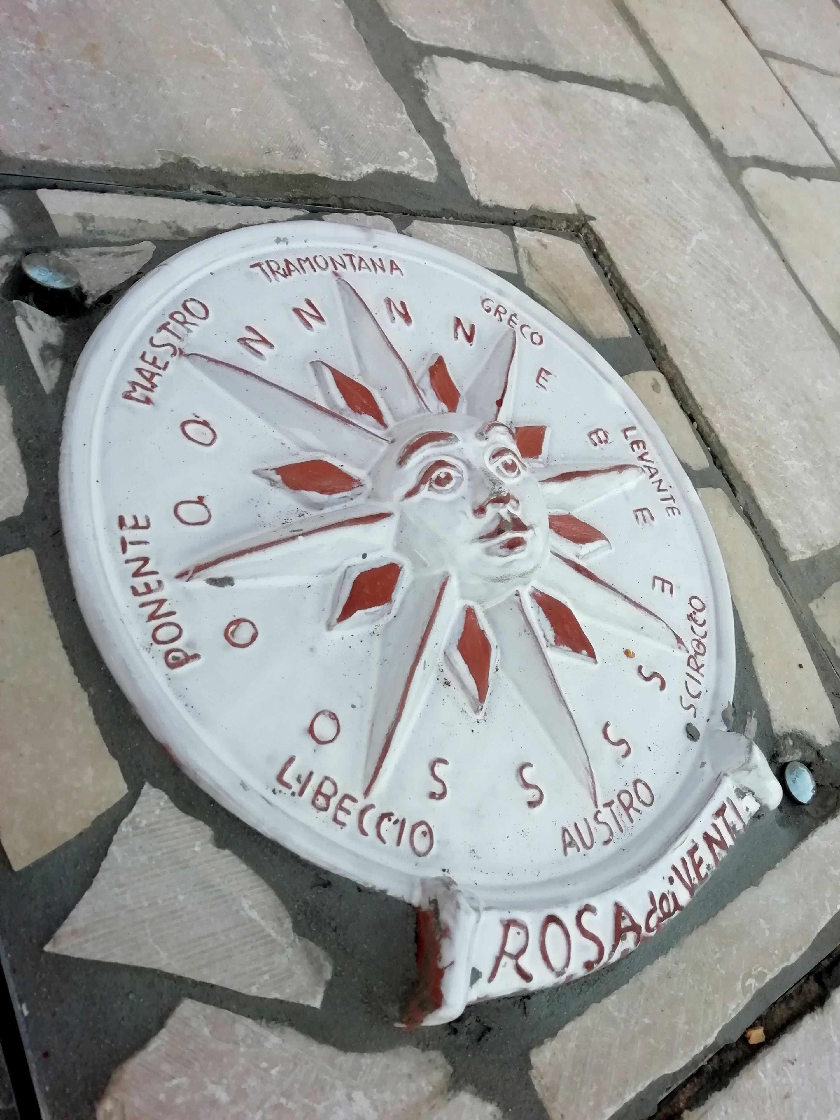 A compass with inscriptions in Italian, mounted on a stone surface.
