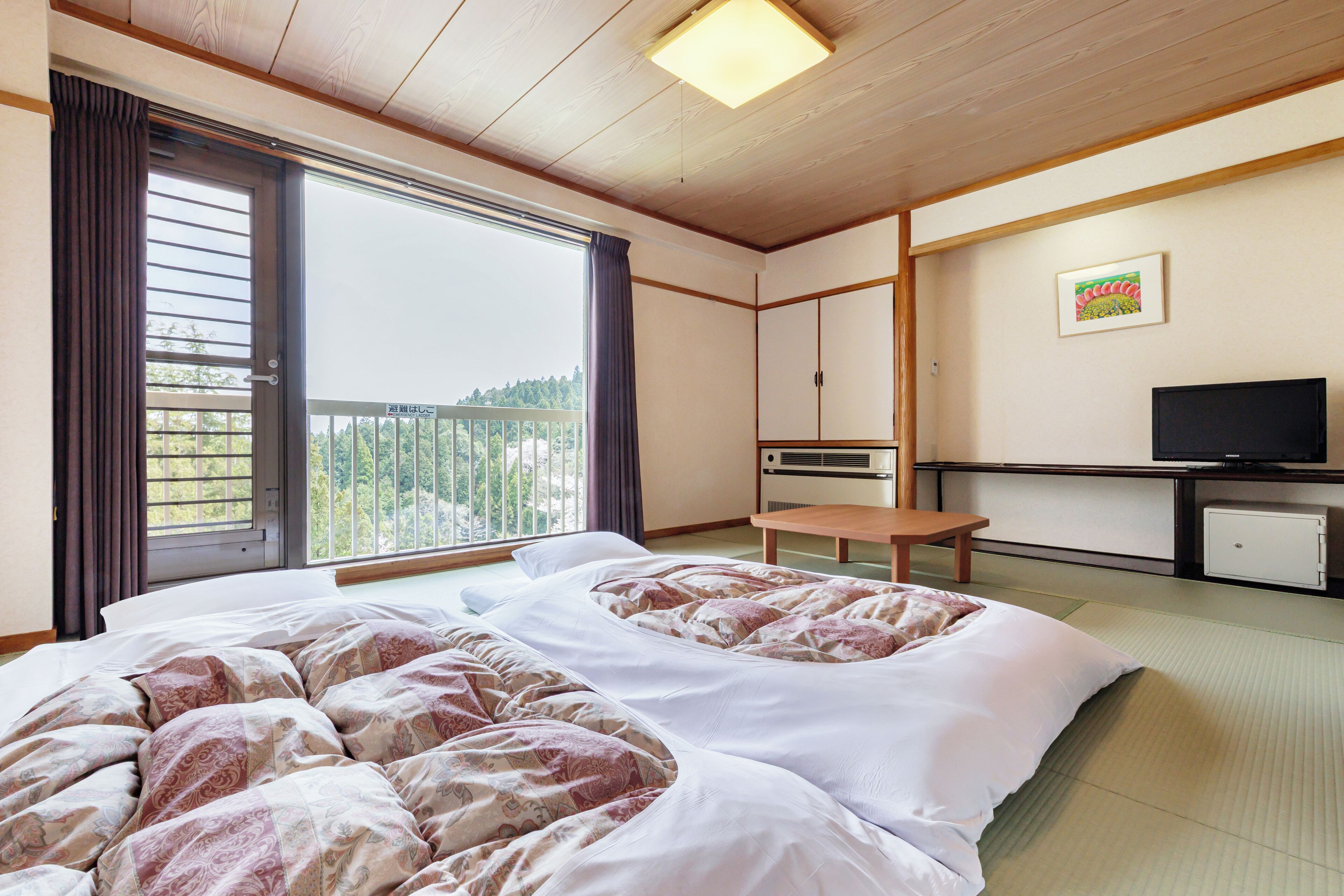 A hotel room with a large bed, a television, a desk, and a view of the outdoors.