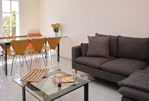 TV, fireplace, books, stereo