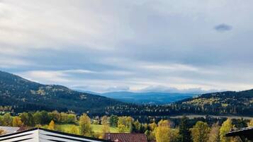 Un paisaje montañoso con vista a un valle y colinas distantes.