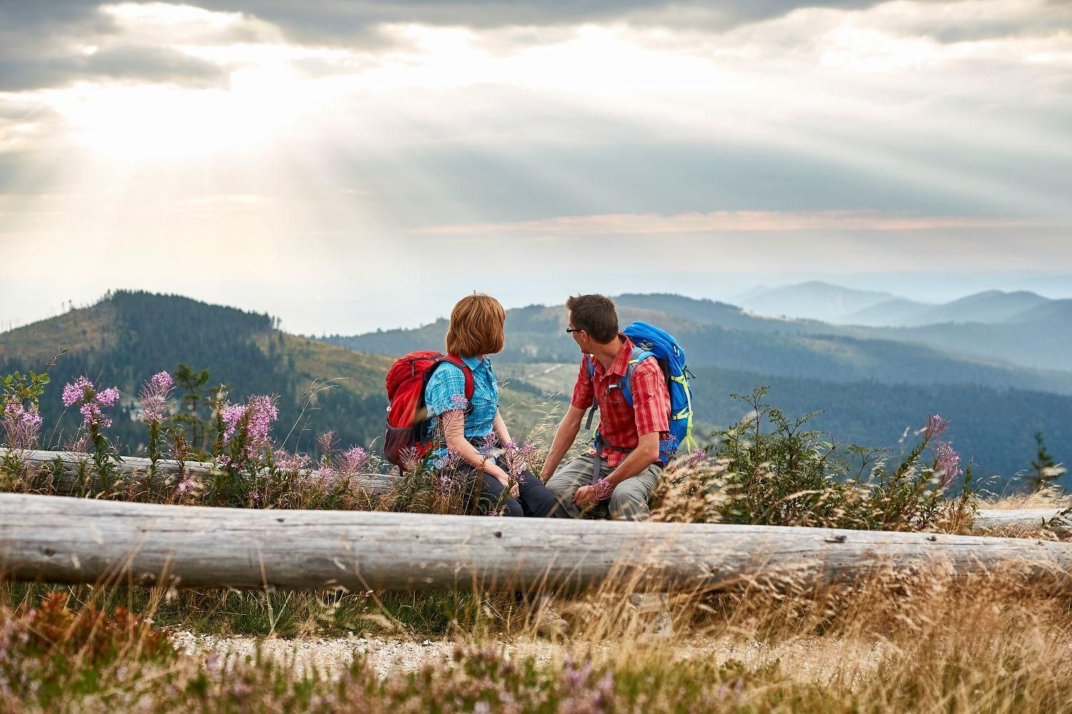 Two people sitting on a log with a mountainous landscape in the background.