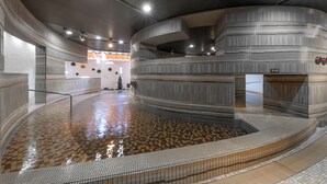 A modern indoor swimming pool with a curved design, tiled flooring, and a central water feature.
