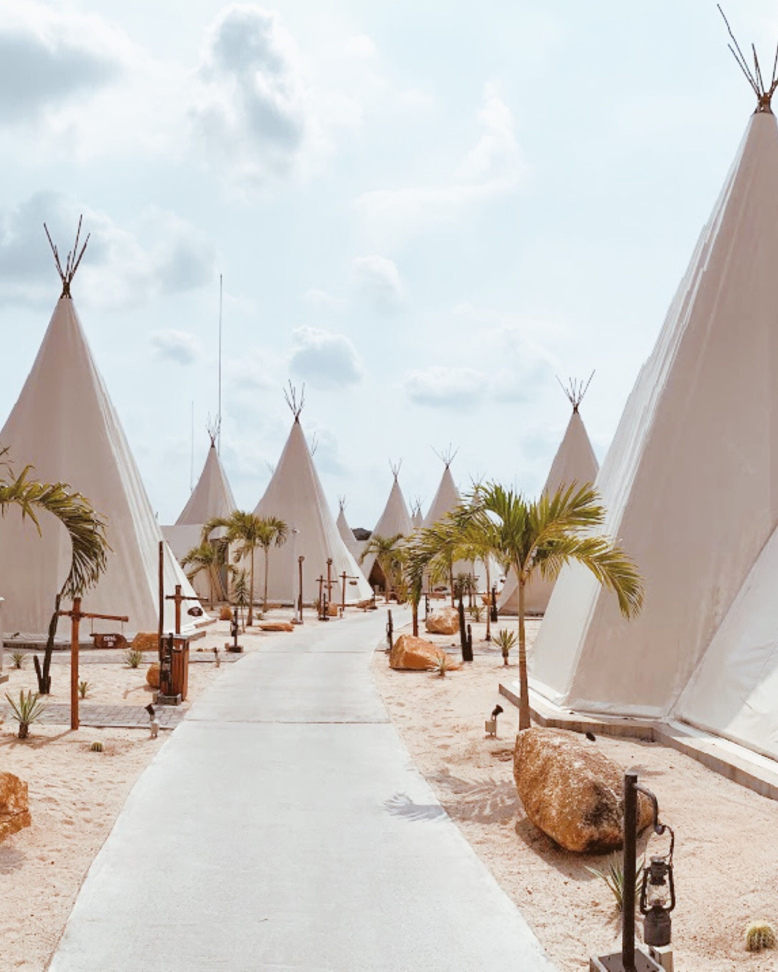 A row of white tents with a central walkway, surrounded by palm trees and rocks.