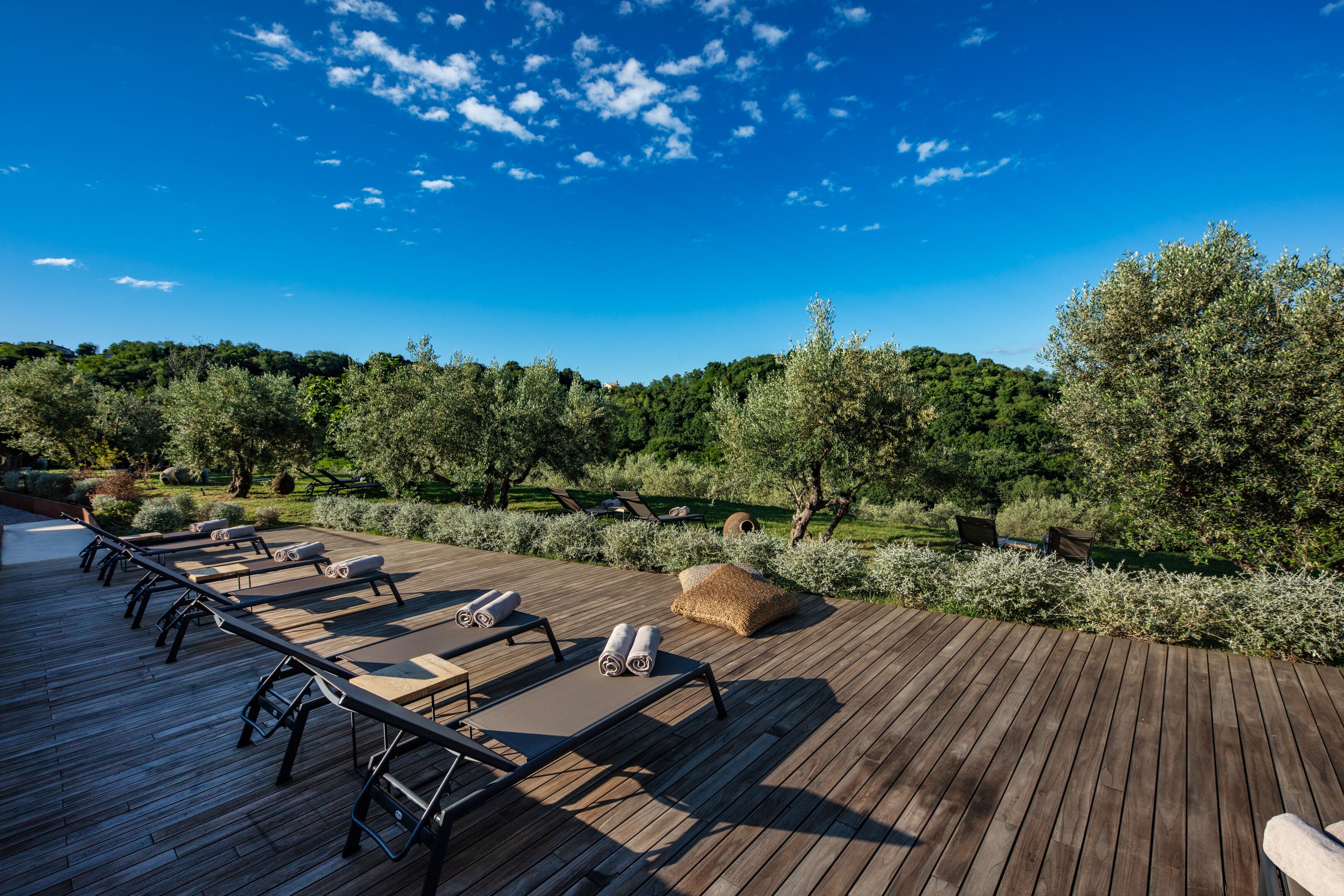 A wooden deck with sun loungers and a view of a lush garden and forest.