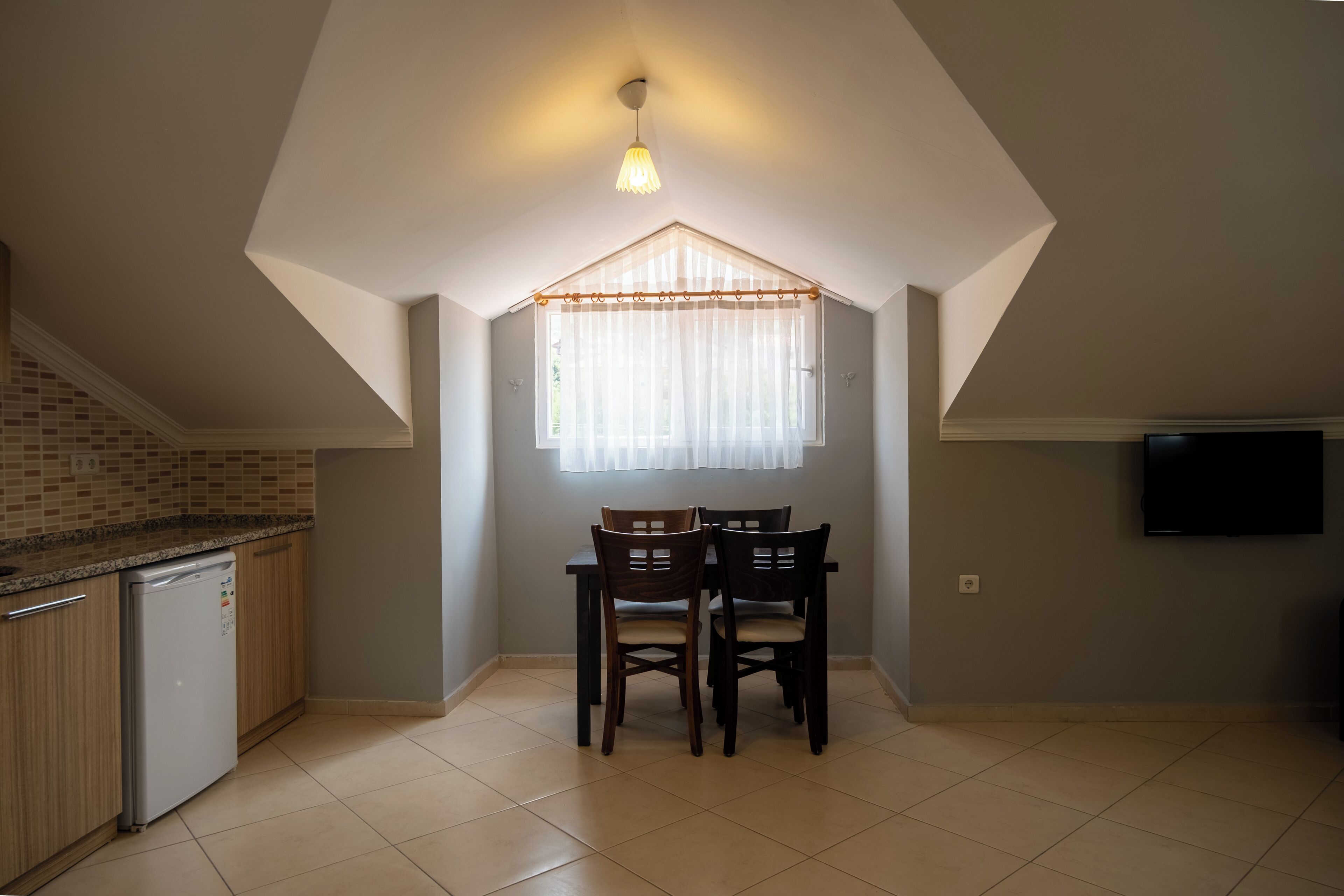 A dining area with a table and chairs, a window with curtains, a ceiling light, a television on the wall, and a kitchen area with a refrigerator.