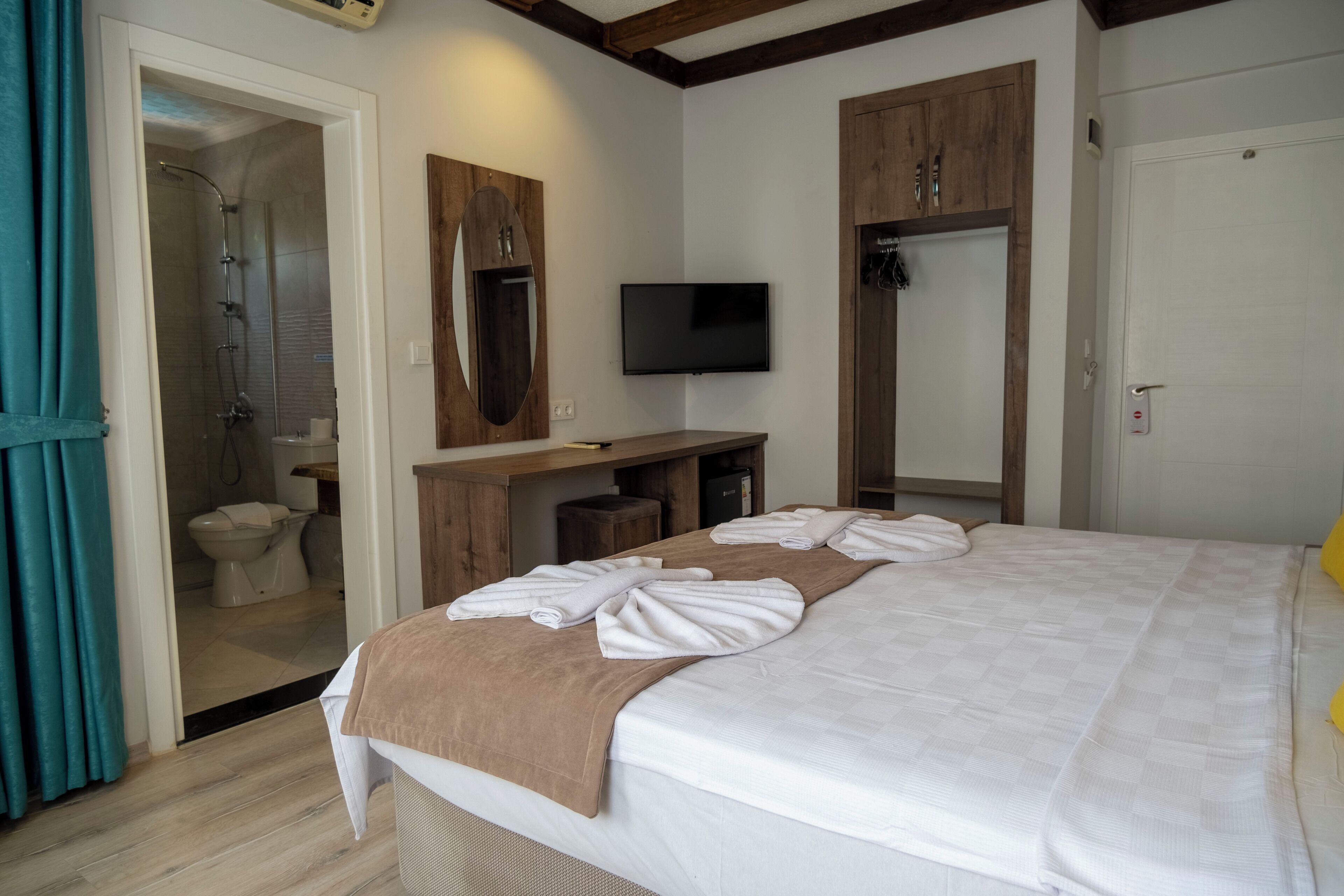 A hotel room with a large bed, a TV, a wooden desk, and a shower area.