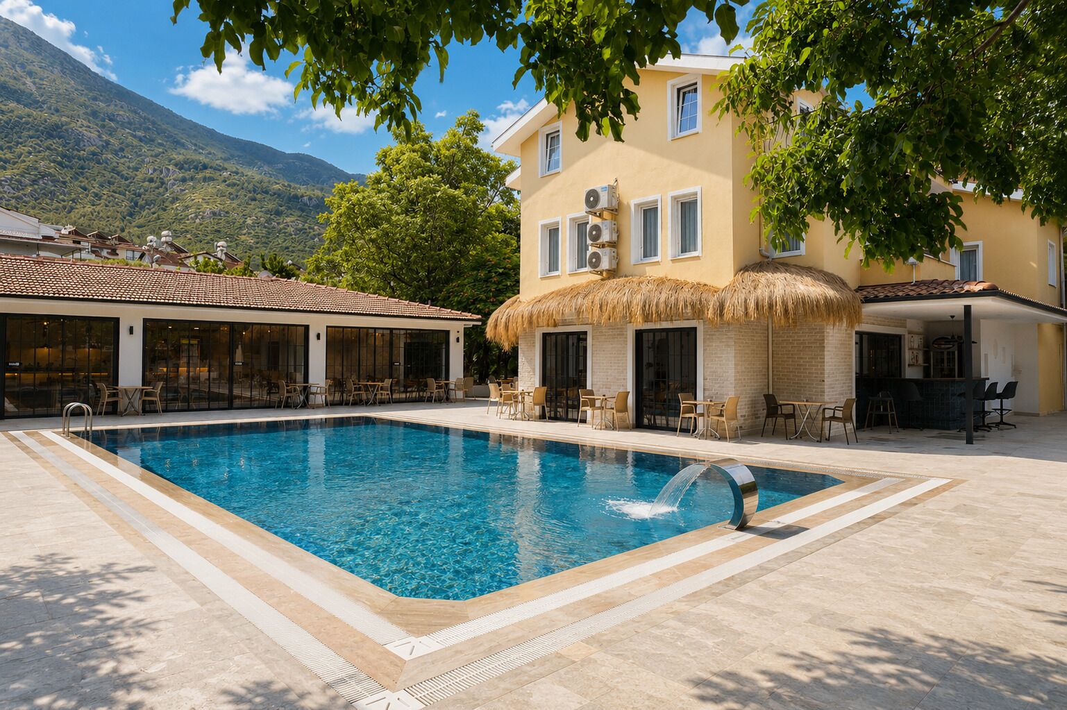 Seasonal outdoor pool, pool umbrellas, sun loungers