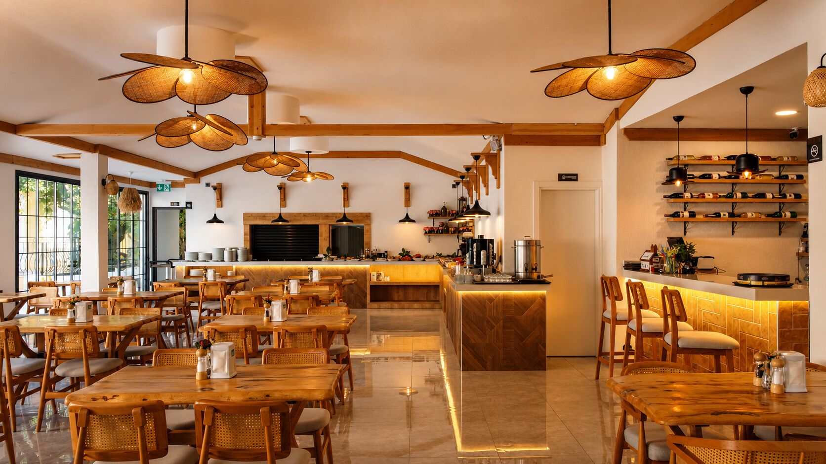 A restaurant with wooden tables and chairs, a bar area, and hanging wicker lamps.
