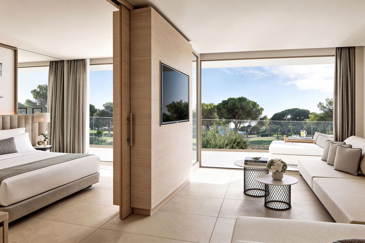 A modern hotel room with a large bed, a sofa, a TV, and a balcony with a view.