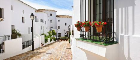 A narrow cobblestone street flanked by white buildings with terracotta roofs, potted plants, and a clear blue sky.