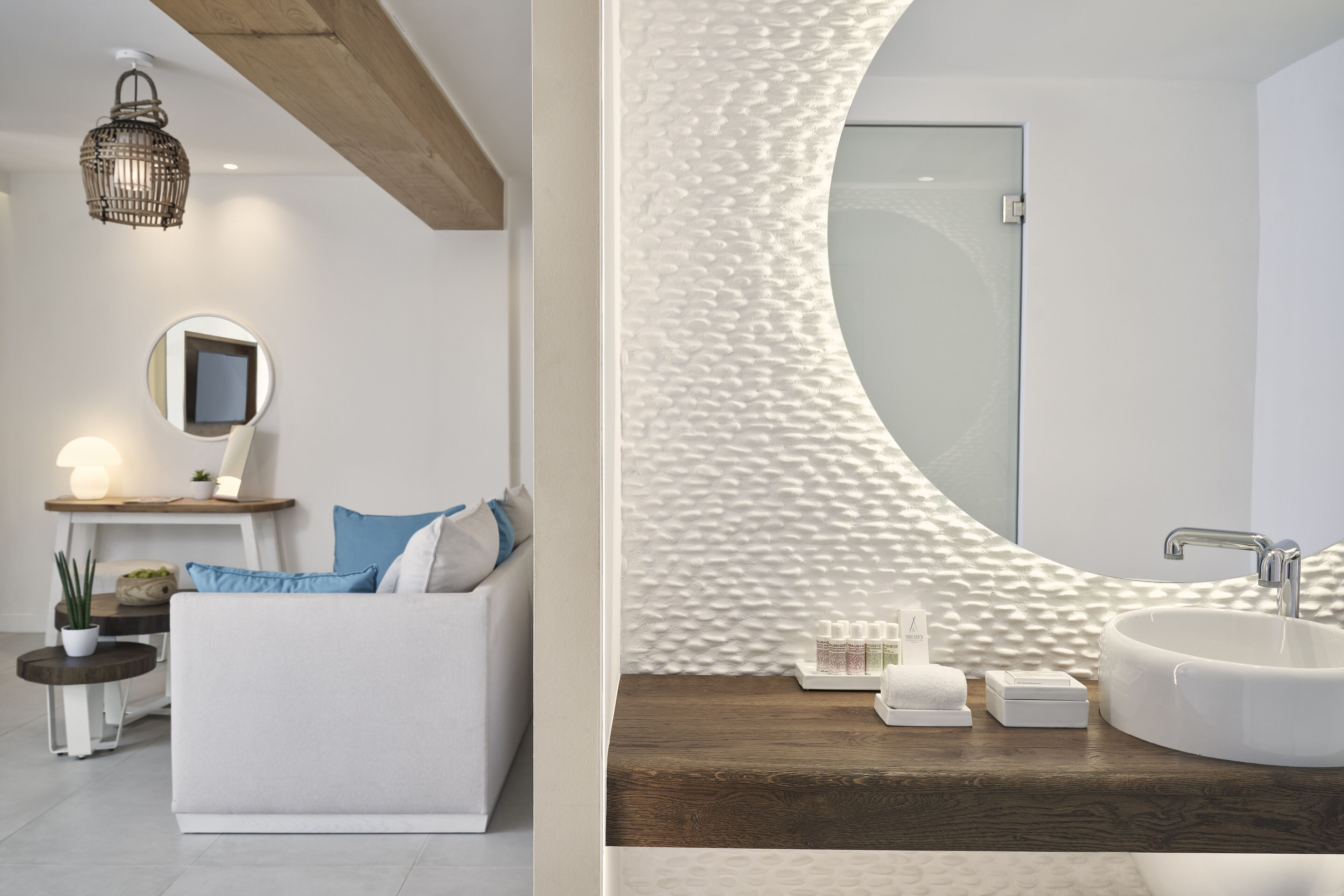 designer toiletries, hair dryer, bathrobes, slippers