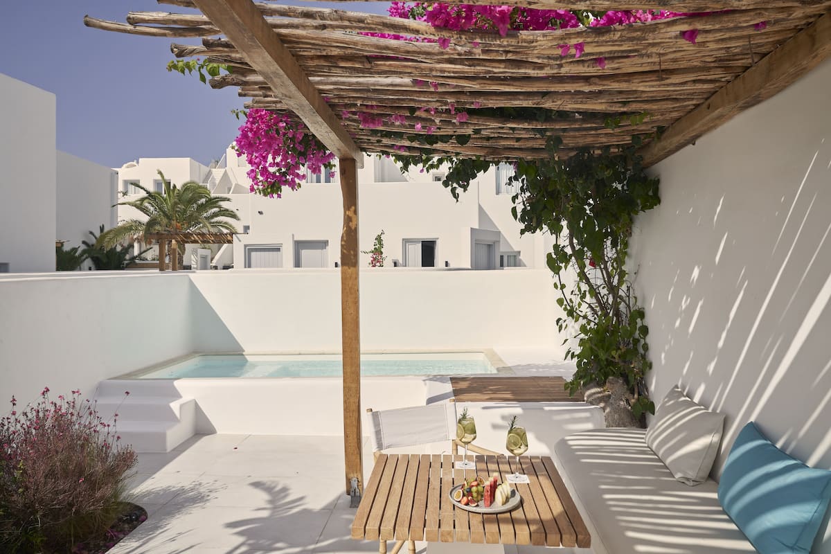 Une table en bois sur laquelle sont disposés un assortiment de fruits et des boissons, un canapé blanc agrémenté de coussins bleus, et une pergola en bois ornée de fleurs roses.