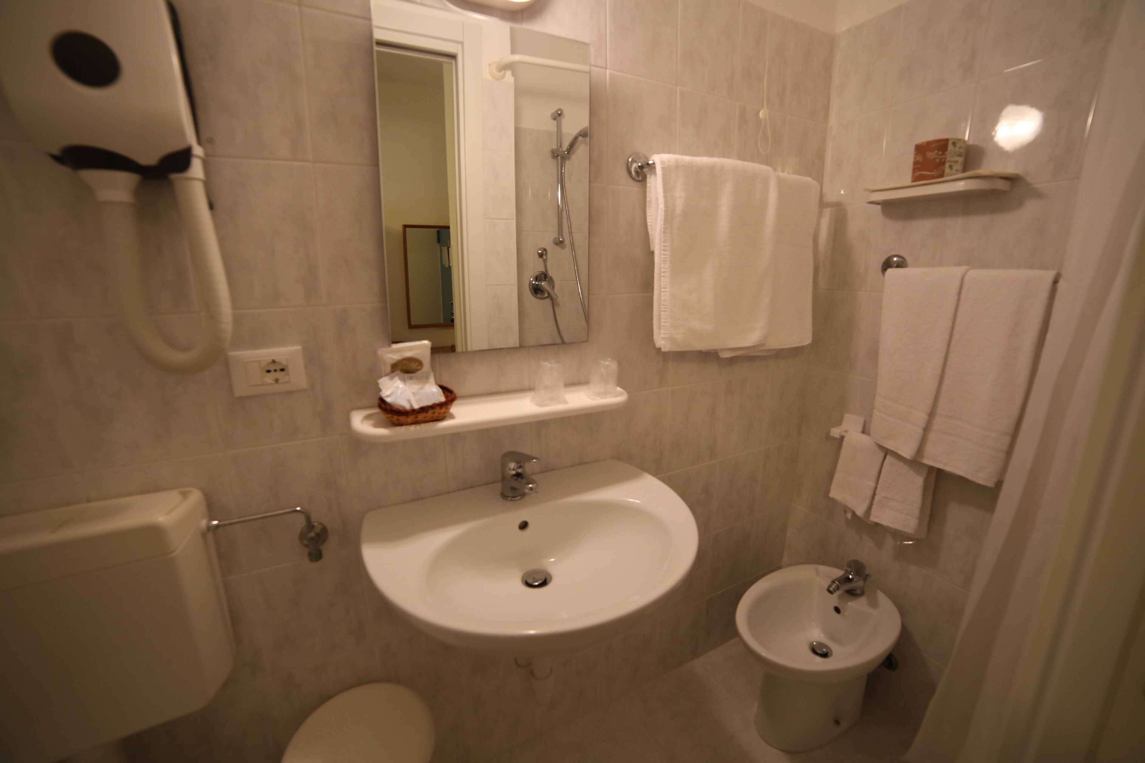 A bathroom with a toilet, a sink, a bidet, a mirror, and a towel rack.