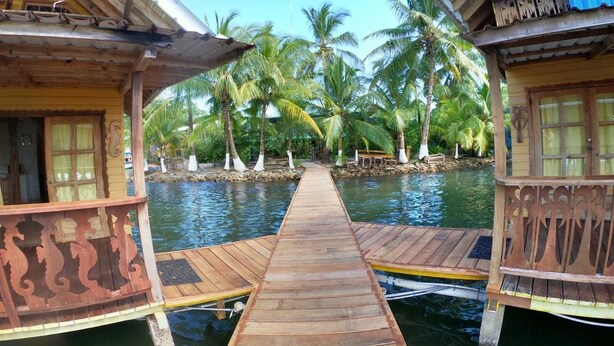 A wooden dock leading to a waterway with palm trees and traditional wooden buildings. - Koko Acqua Lodge (Bocas del Toro)