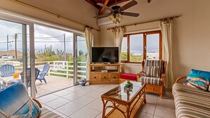 A spacious living room with a television, wicker furniture, and a view of the outdoors. - Villa Amarc: Family Fun, Kite Surf, Balcony View minutes to Rodgers/Baby Beach! (San Nicolas)