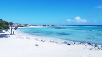 Vlak bij het strand, ligstoelen aan het strand, strandlakens