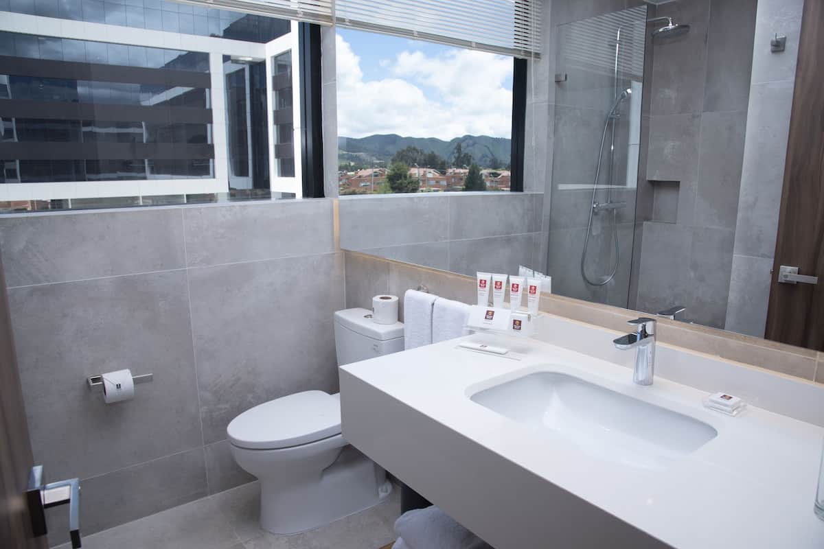 deluxe room | bathroom | shower, towels