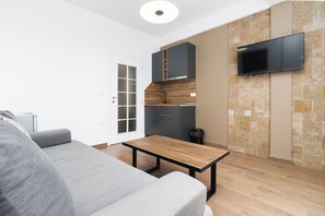 Leilighet – panorama, 1 queensize-seng med sovesofa, sjøutsikt | Oppholdsområde | Flatskjerm-TV