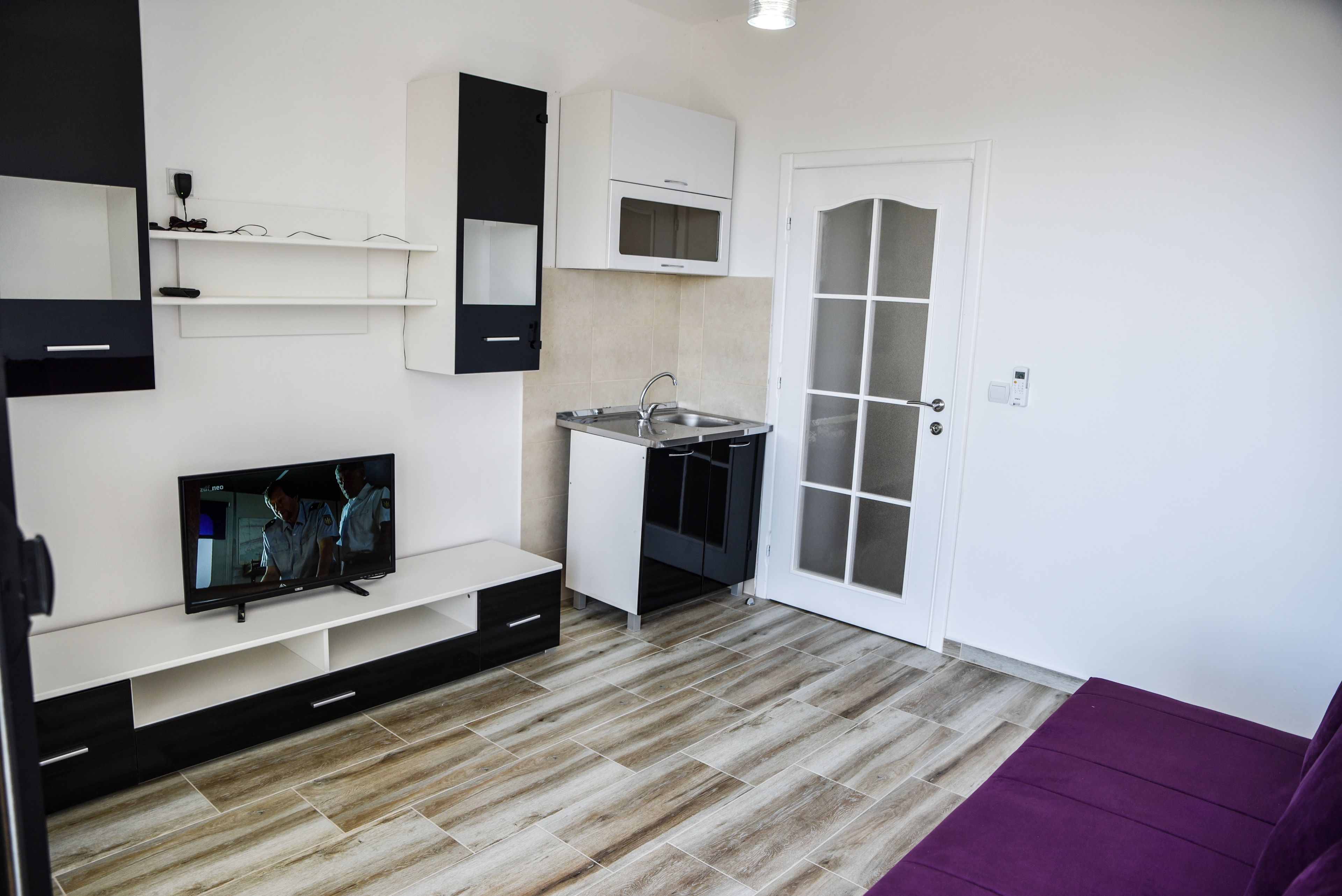 A compact living space with a kitchenette, a television, a purple sofa, and a door with frosted glass panels.