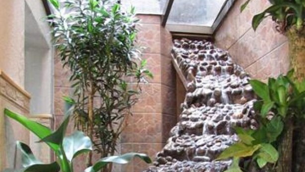 A stone staircase with water flowing down it, surrounded by potted plants. - Hotel Mariani (Lajeado)