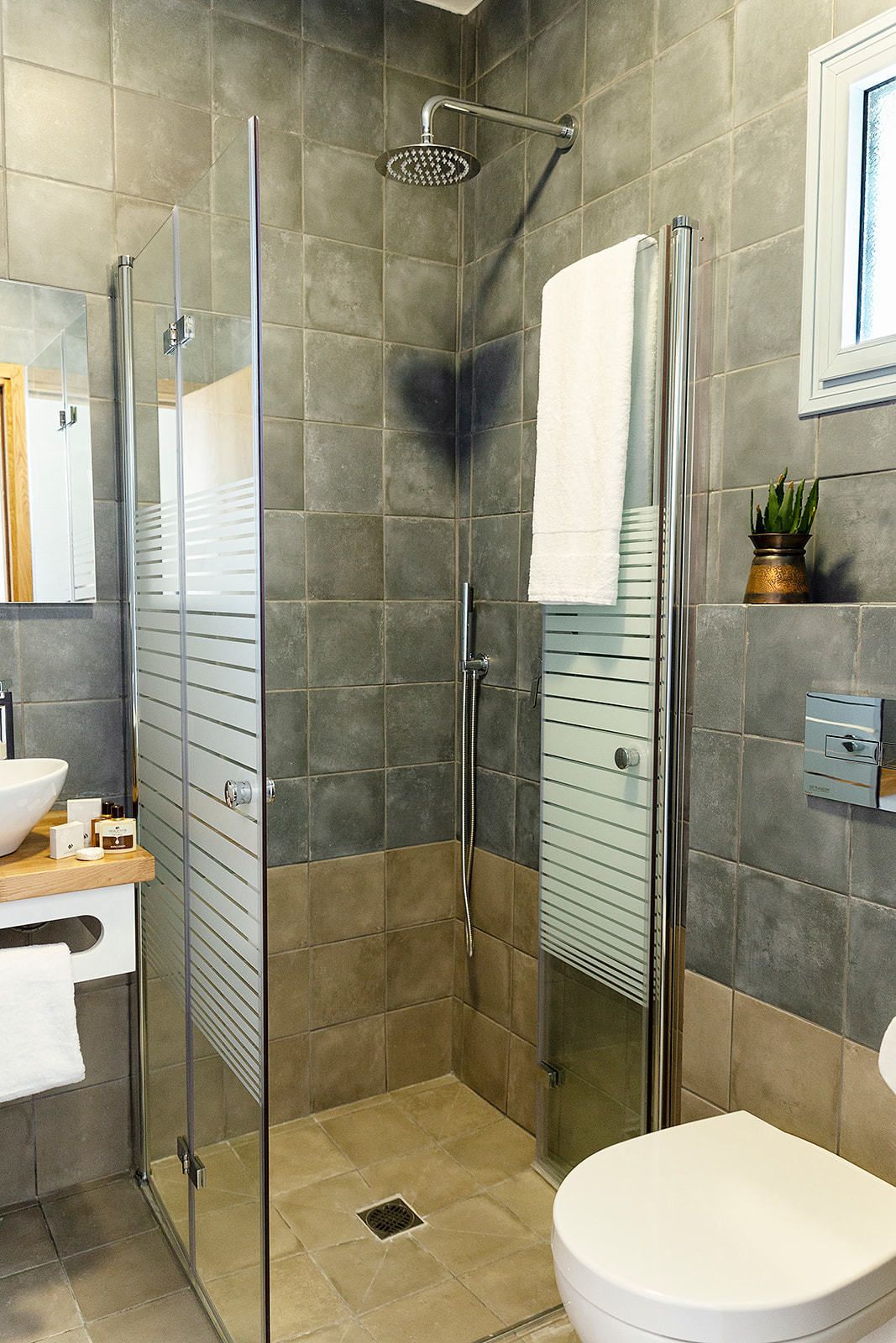 Shower, bathrobes, towels