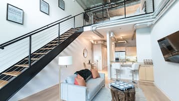 Premium Apartment, 1 King Bed | Living area | 42-inch LCD TV with cable channels, TV