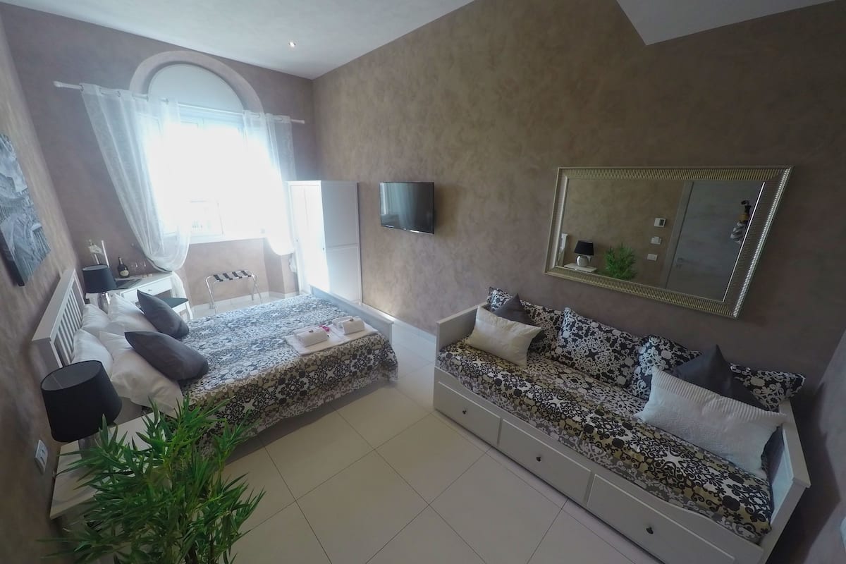 Un dormitorio con una cama, un sofá, un televisor, un espejo y una planta en maceta.