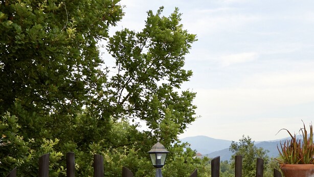 An outdoor dining area with a table set for a meal, surrounded by chairs, and a view of mountains in the background. - Il Vecchio Frantoio (Stella Cilento)