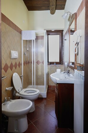 A bathroom with two toilets, a shower, a sink, and a mirror. - Il Vecchio Frantoio (Stella Cilento)