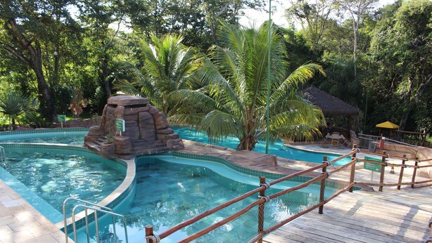 Una piscina con una formación rocosa, rodeada de palmeras y una terraza de madera.