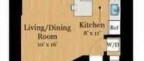 A floor plan with a Living/Dining Room, Kitchen, Bathroom, Bedroom 2, and Primary Bedroom.